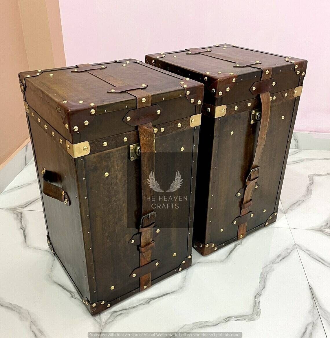 Primary image for Nautica Handmade Leather Campaign Style Trunks English Chests Side Antique Table