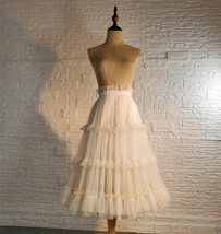 Ivory White Ruflle Tulle Midi Skirt Outfit Women Plus Size Layered Tulle Skirt