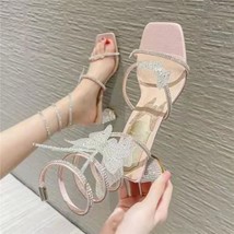 Summer Women&#39;s Sandals Fashion Club Square Toe Rhinestone Strap Sequined Cloth H - £60.48 GBP