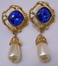 Swarovski Pearl Drop &amp; Crystal Statement Earrings Pierced Blue White Gold Tone - £47.91 GBP