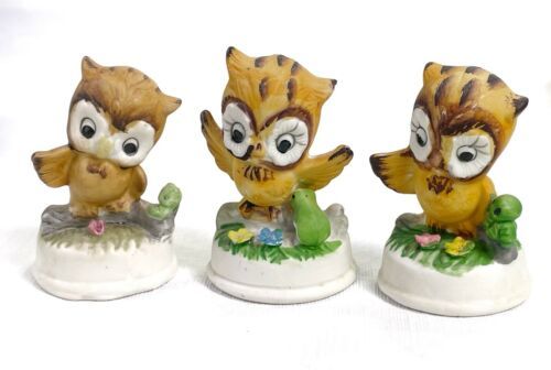 Napco Napcoware Vintage Owl Lot of 3 Figurines With Animals Ceramic Matte Bisque - $27.43