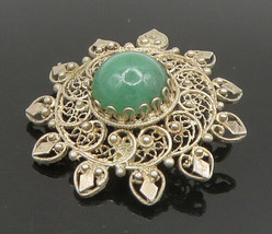925 Sterling Silver - Vintage Green Onyx Floral Filigree Brooch Pin - BP9431 - £37.86 GBP