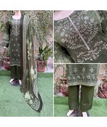 Pakistani Mahendi Green Printed Straight Shirt 3-PCS Lawn Suit w/ Thread... - $77.33 CAD