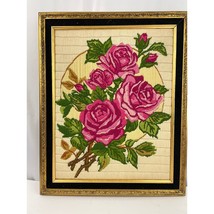 VTG Crewel Floral Pink Roses Framed 80&#39;s Finished Fiber Wall Art 21&quot;x17&quot; - £63.93 GBP