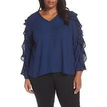 NWT Womens Plus Size 1X Cece by Cynthia Navy Blue Steffe Ruffle Sleeve Blouse - £25.13 GBP