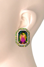 1.3/8&quot; Long Iridescent Green Vitrail Clip On Earrings, Pageant, Costume Jewelry - £14.42 GBP