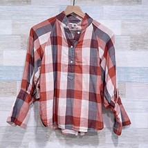 JOIE Dia Plaid Henley Double Cloth Top Brown Orange 3/4 Sleeve Cotton Wo... - £29.56 GBP