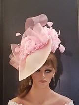 Pink Hat fascinator large Teardrop hatinator Feather, Floral Hat Church Derby As - £75.93 GBP