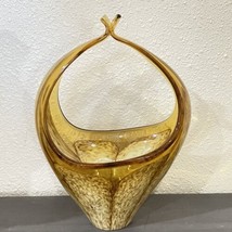 Vintage Murano Art Glass Basket Vase  Amber W/ Gold Specks &amp; Cream Flower - $41.15