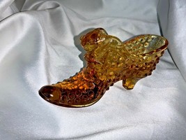 VINTAGE Prelogo Fenton Art Glass Amber Hobnail Cat Head Slipper Shoe  - $24.99