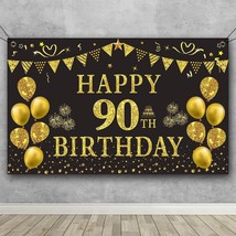 90Th Birthday Backdrop Gold And Black 5.9 X 3.6 Fts Happy Birthday Party Decorat - £22.37 GBP