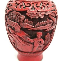 Cinnabar Style Carved Vase Brass Base and Opening 7&quot; Asian Made in Taiwan - £11.01 GBP