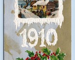 New Year Wishes Cabin Icicles Holly Embossed 1910 DB Postcard L13 - $6.88