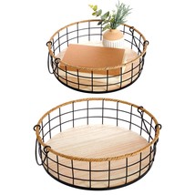 Round Wooden Wire Basket Trays With Handles, Farmhouse Decor (2 Sizes, 2... - $56.99