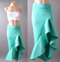 Green Evening Formal Cocktail Party Ruffle Asymmetrical Long Maxi Skirt ... - $34.27 CAD