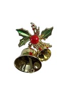 Vintage Christmas Brooch Pin 2 Bells Holly Gold Tone Green Red Enamel - $14.85