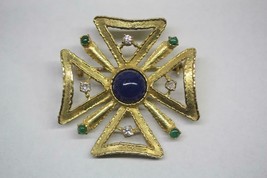 Vintage 18K Yellow Gold Lapis Lazuli Large Cross Pin with Diamonds and Emeralds - £1,336.20 GBP