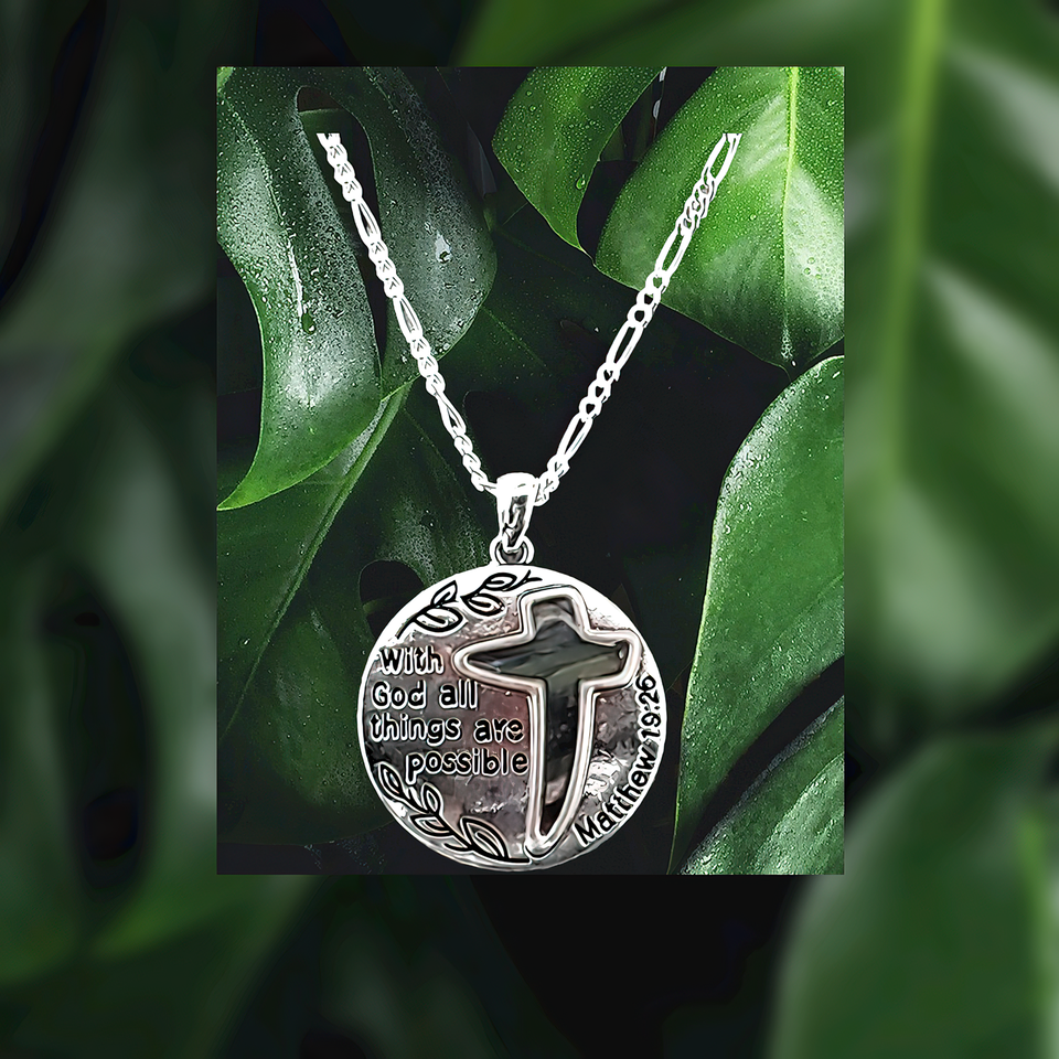 Abalone Cross Pendant Necklace Set "With God All Things Are Possible