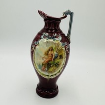 Majolica Red Pitcher Blue Ribbon Fairy Portrait Numbered 9in Porcelain A... - £109.59 GBP