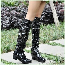 Black Wet Look Patent Leather Zip Up Low Chunk Heel Knee High Motorcycle Boots image 2