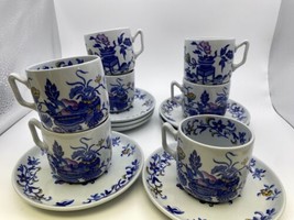 Set 7 Copeland Spode BLUE BOWPOT Demitasse Cups &amp; Saucers Made in England - £62.94 GBP