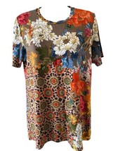 Johnny Was Size M Brown White Red Blue Bamboo Blend Floral &amp; Stripes Top - $79.26