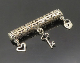 925 Sterling Silver - Vintage Shiny Heart Lock &amp; Key Charmed Brooch Pin - BP7471 - £30.52 GBP