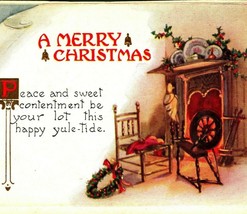 Winsch Back Embossed Fireplace Merry Christmas Spinning Wheel UNP Vtg Postcard - £6.27 GBP