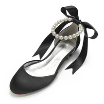 Satin s Wedding Flats for Bride Round Toe Ribbon Tie Prom Evening Formal Party D - £63.86 GBP