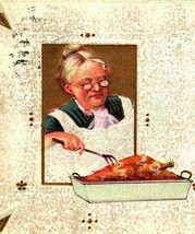 Old Woman Granny Cooking Turkey Thanksgiving Blessings Embossed 1910s Postcard - £2.29 GBP