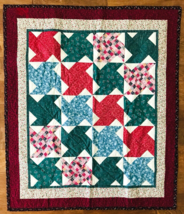 Hand Made Signed Wall Quilt Pinwheels Burgundy &amp; Green Prints on White 4... - £87.29 GBP