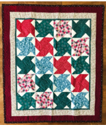 Hand Made Signed Wall Quilt Pinwheels Burgundy &amp; Green Prints on White 4... - £83.17 GBP