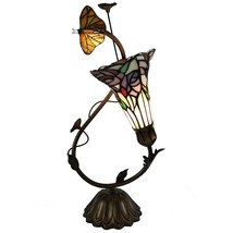 L10623 Butterfly Lily Flower Tiffany Style Stained Glass Accent Table Lamp Night - £177.89 GBP