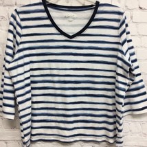 Kim Rogers Womens T-Shirt Blue White Stripe 3/4 Sleeve V Neck Cotton Pet... - $9.89