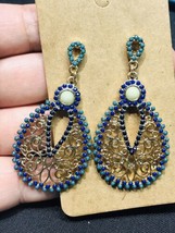 Gold Tone Navy Blue and Teal Pave Seed Bead Cutout Teardrop Drop Earrings - £7.97 GBP