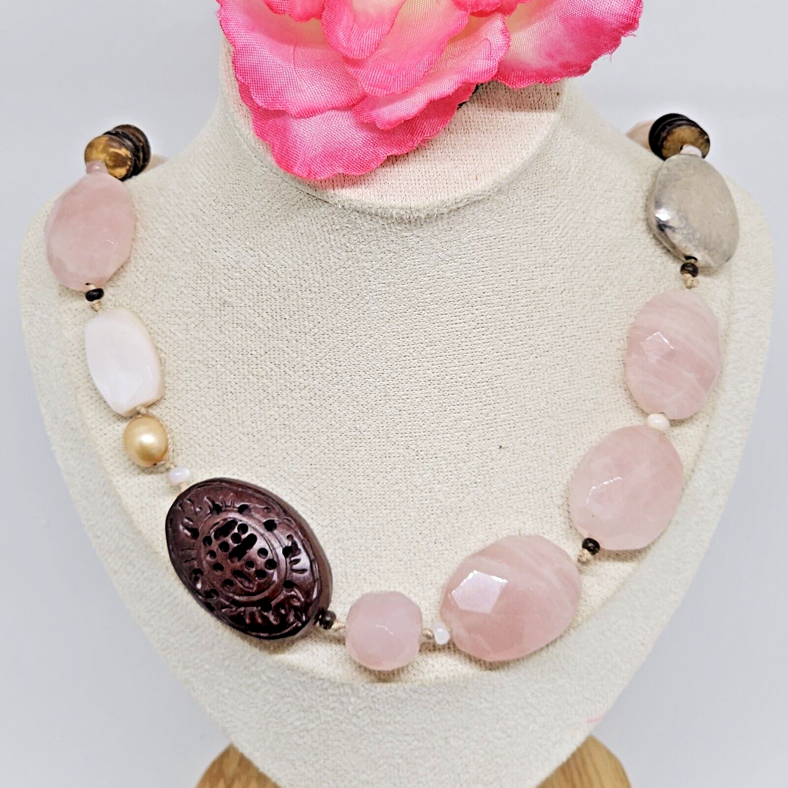 Silpada Sterling Silver Carved Palm Wood Rose Quartz MOP Beaded Necklace N1819 - $59.95