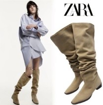 Zara Low Heel Split Leather High Shaft Boots Size Eu 37 - £126.03 GBP