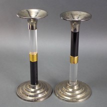 Pair Lucite Silver &amp; Gold Plated Candlesticks Springer Machine Age 11&quot; Tall - £128.68 GBP