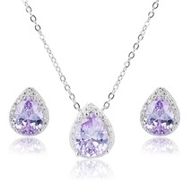 Purple Crystal Necklace Stud Earrings Jewelry Set 925 Sterling Silver Zirconia P - £38.61 GBP