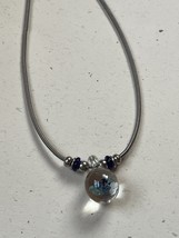 Silvertone Spring Tubular Chain w Blue &amp; Silver Colored Beads &amp; Art Glass Marble - £9.02 GBP