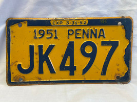 Vtg 1951 Pennsylvania License Plate JK497 Exp. 3-31-52 - £47.36 GBP