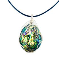 Handcrafted Silver Tone Wire Wrapped Abalone Shell Necklace Black Cord - £20.35 GBP
