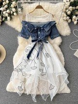 High Quality Women&#39;s Organza Stitching Denim Dress 2022 Summer Beaded Embroidery - £140.09 GBP