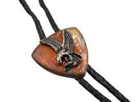 Brass Bolo Tie Embossed Flying Eagle Black Rope Leather Strap Brass Tips 17&quot; Vtg - £19.33 GBP