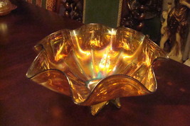Marigold Carnival ruffled borders green footed bowl CENTERPIECE [GL-2] - $54.45