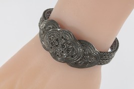 Floral Triple Plaque Avec Double Blé Tressé Argent Sterling Bracelet - $399.97