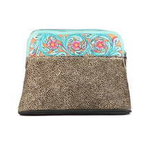 Women Printed Hair-on Floral Tooled Leather Zippered Makeup Cosmetic Bag - $29.99