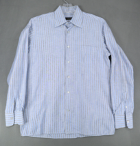 Canali Italy Men Shirt Size M Blue White Striped Linen Blend Button Up C... - $28.45