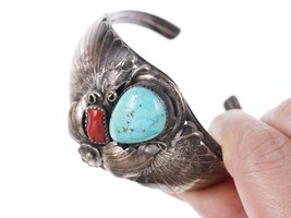 Vintage Native American sterling turquoise, and coral cuff bracelet - £234.21 GBP