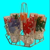 8 Floral Drinking Glasses Wire Caddy 7 Irises Hazel Atlas 1 Rose Libbey Country - £35.49 GBP